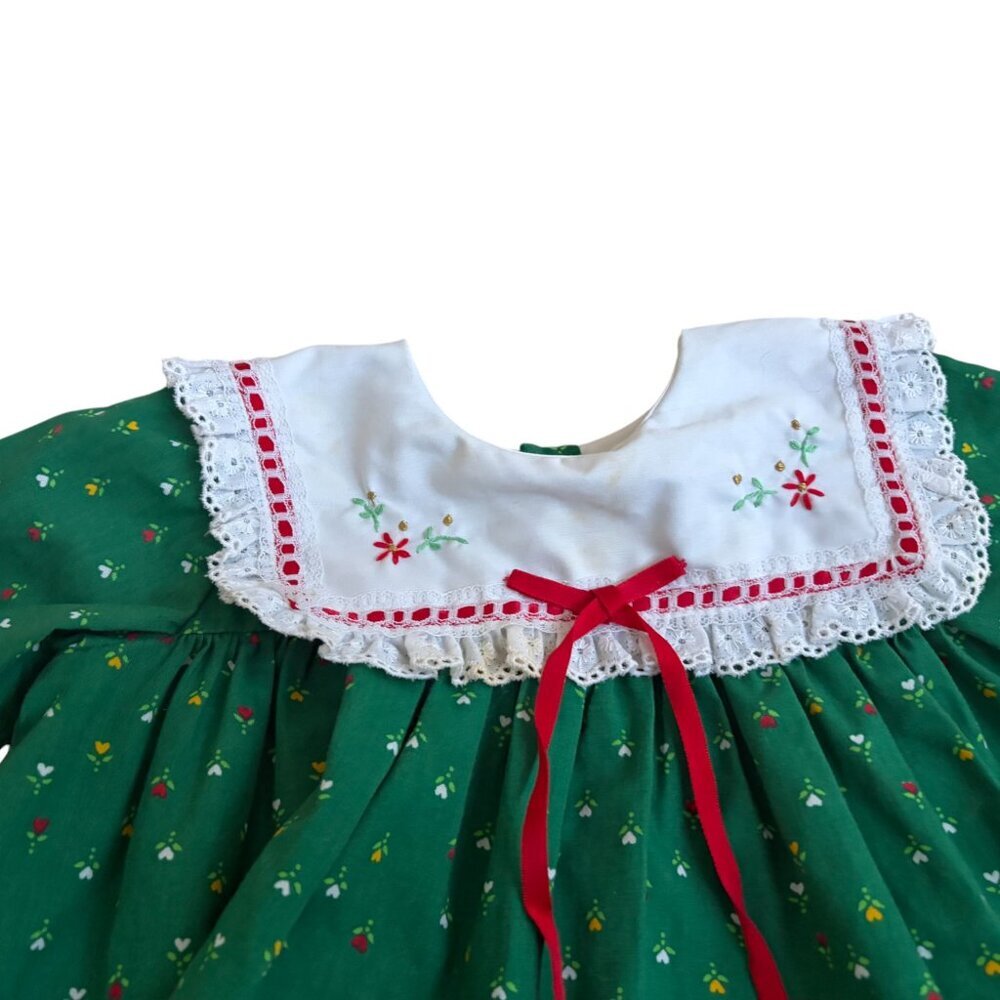 1980's Vintage Green Dainty Floral Dress with Lace and Ruffle Holiday 12 months - Picture 2 of 4